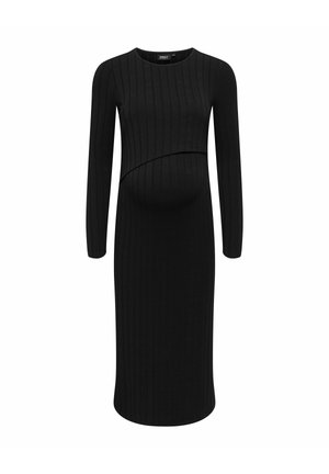 Černé žebrované těhotenské šaty s dlouhými rukávy a zakřiveným předním švem, navržené pro přiléhavý střih. Měkká textilie.