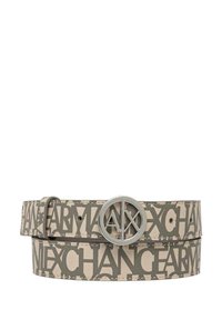 Cintura in tessuto beige con motivo a logo ripetuto in grigio, con fibbia tonda in argento che mostra le iniziali del marchio "AX".