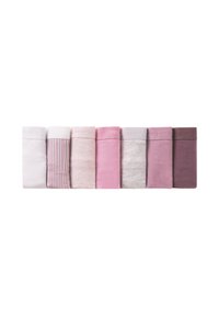 Otto paia di calzini piegati in tonalità di bianco, rosa e grigio, con un paio caratterizzato da sottili righe, tutti con polsini elasticizzati.