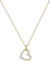 Collana con pendente a forma di cuore in tono oro, adornata con cristalli trasparenti. Presenta una catena delicata e una superficie testurizzata.