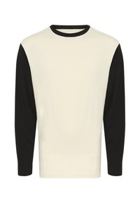 Langarmshirt met een crèmekleurig lichaam en zwarte mouwen. Heeft een ronde hals en is gemaakt van zacht katoen, met een eenvoudig ontwerp en zonder patronen.