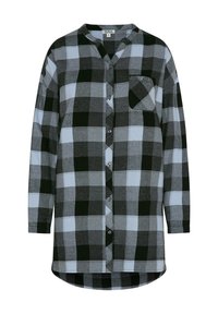 Camicia a maniche lunghe in plaid nei colori nero, grigio e azzurro chiaro. Presenta un colletto, una pattina con bottoni e una tasca sul lato sinistro del petto.