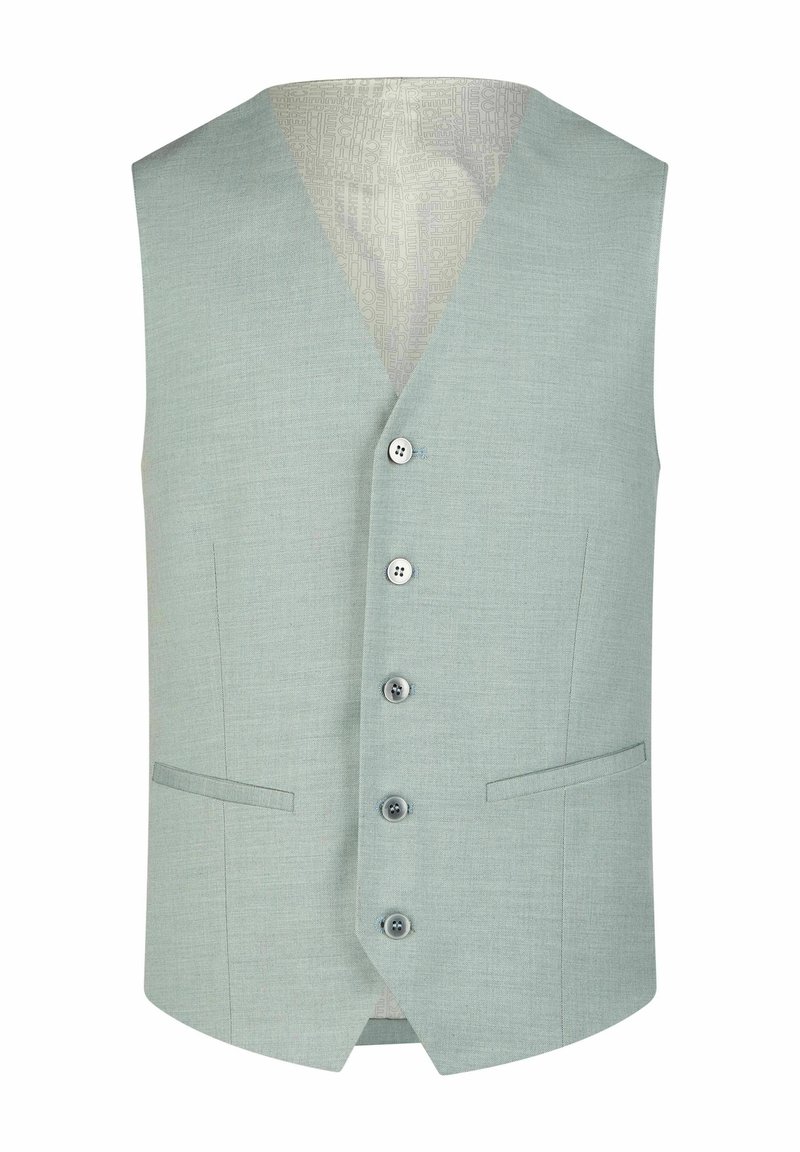 Helles grünes, gewebtes Stoffweste mit V-Ausschnitt, fünf Knöpfen, zwei frontalen Taschen und gefüttertem Innenfutter im Muster.