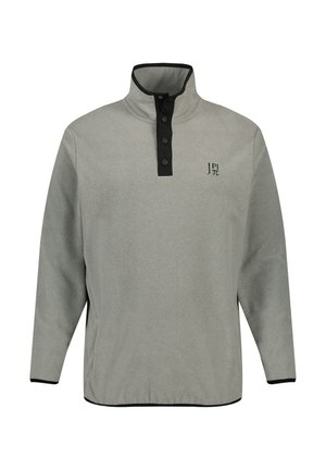 Grå fleece pullover med høj krave, sort knaplukning og broderet logo på brystet. Har lange ærmer og elastiske manchetter.