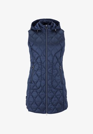Námořnická prošívaná vesta s předním zipem a kapucí. Má boční kapsy a texturovaný vzor, který připomíná prodloužené ovály. Lehký materiál.