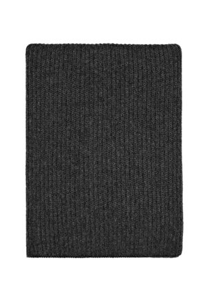 Grå, ribbad stickad tyg som har en fyrkantig form, med en mjuk struktur och ett enhetligt mönster. Kanterna är fint avslutade.
