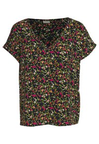 Top noir à manches courtes avec un col en V profond, présentant un motif floral aux nuances de rose, vert et orange sur un tissu texturé.