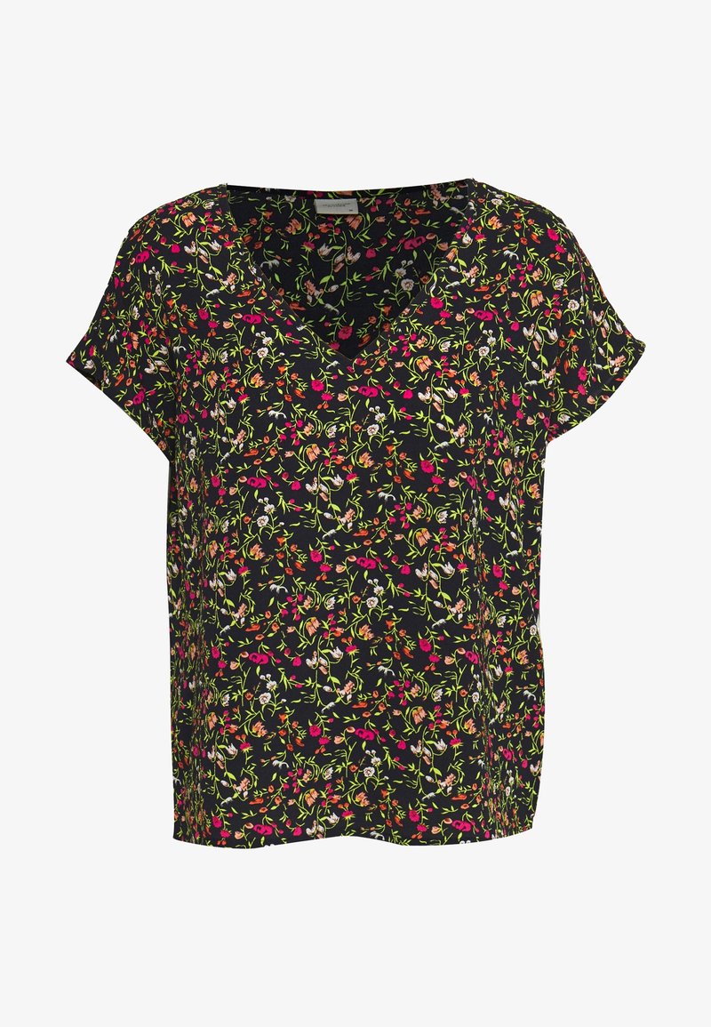 Top noir à manches courtes avec un col en V profond, présentant un motif floral aux nuances de rose, vert et orange sur un tissu texturé.