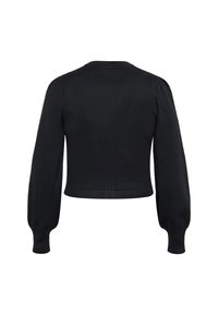 Maglione nero corto con maniche lunghe a sbuffo, polsini a coste e una texture liscia. Design semplice senza motivi visibili o dettagli in metallo.