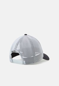 Cap featuring a mesh upper in light blue and a dark navy visor, with an adjustable strap at the back for fit.