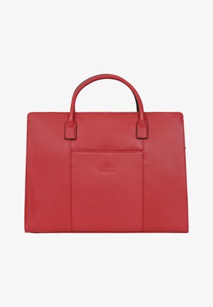 Rote Lederhandtasche mit glatter Oberfläche, rechteckiger Form, doppelten Griffen und einer Vorderseite mit einer subtilen Logo-Tasche.