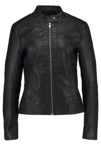 Veste en cuir noire avec col montant, fermeture éclair frontale et pas de poches visibles. Présente des manches ajustées et une texture lisse.