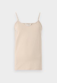 Beež camisole top õhukeste spagetipaeltega ja V-kaelusega, valmistatud pehmest kangast, millel on sile tekstuur ja sirge serv.