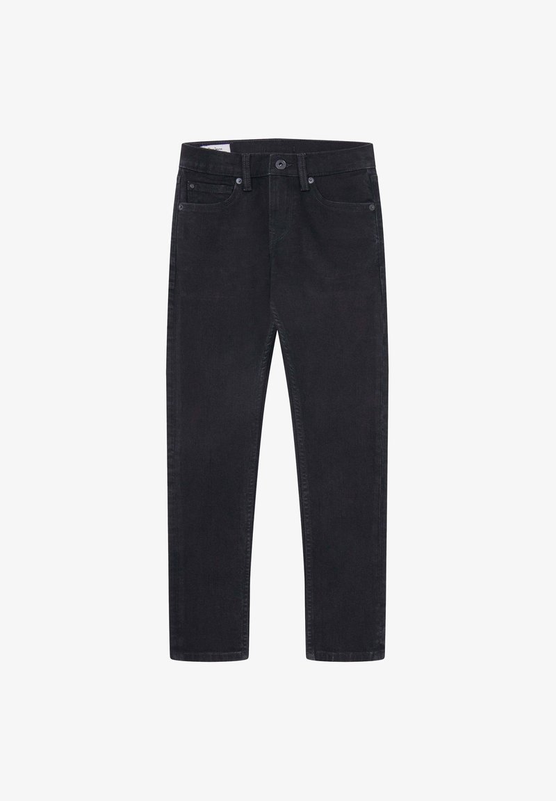 Tamsūs džinsai su tiesia kojų iškirpimu. Apima penkių kišenių dizainą, mygtukų uždarymą ir subtilius siuvinėjimo elementus siūlėse.