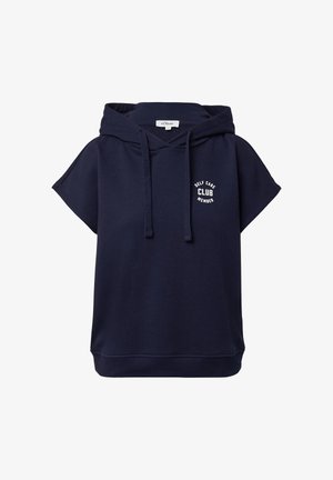 Marineblaues Kapuzensweatshirt mit kurzen Ärmeln. Mit einem grafischen Text auf der Vorderseite, der "SELFPFLEGE CLUB MITGLIED" lautet. Hergestellt aus einem weichen Baumwollmix.