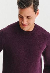 Mężczyzna z krótkimi ciemnymi włosami ubrany w dopasowany ciemnofioletowy sweter z okrągłym dekoltem, spoglądający w dół z lekkim uśmiechem na tle jednolitego tła.