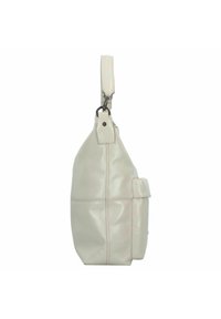 Beige leren schoudertas met een gladde textuur, gestikte details en een zijvak; voorzien van een afneembare schouderriem en metalen hardware.