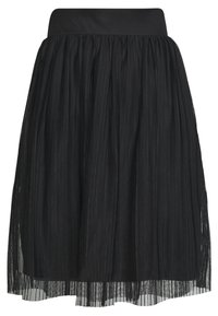 Gonna in tulle nera con un design testurizzato e stratificato e una cintura larga e liscia. Il tessuto è trasparente e leggero, creando un volume aggiuntivo.
