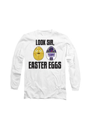 Weißes Langarmshirt mit Cartoon-Ei-Motiven und dem Text "SCHAU MAL, OSTER-EIER." Ein Ei ist gelb mit Augen, das andere ist blau und weiß.