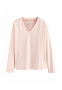 Pikkade varrukatega V-kaelusega särk pehmest roosast puuvillast. Mugav lõige, minimaalsed õmblused ja sile tekstuur, lihtsa disainiga.