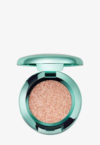 Compact cosmetica container met een glanzend teal deksel. Binnenin bevat het een glinsterende rosegouden poeder met een fijne, sprankelende textuur.