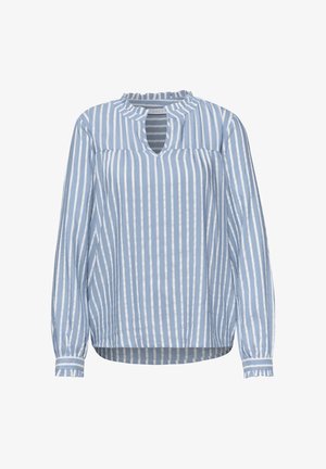 Blusa de manga larga con rayas verticales en azul y blanco, escote redondo con volantes y pequeña abertura en la parte frontal.