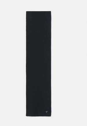 Sciarpa nera lavorata a maglia, lunga e rettangolare, con una texture sottile e un piccolo logo in un angolo. Finitura in tessuto morbido.