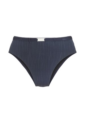 Tumesinist värvi bikiinipüksid tekstuursete vertikaalsete triipudega, millel on madal vöökoht ja kontrastne vöökoht koos logoga.