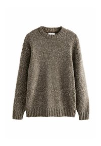 Brun strikket sweater med en tekstureret overflade, rund halsudskæring og ribbede manchetter og kant. Har varierende lyse og mørke fibre.