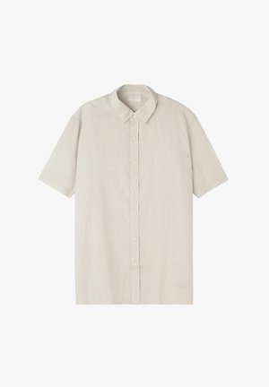 Košile s krátkým rukávem ve světle béžové barvě vyrobená z texturované tkaniny. Má klasický límec a pět knoflíků po přední straně.