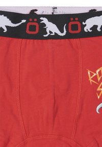 Ropa interior de algodón roja con una banda negra en la cintura que presenta motivos de dinosaurios y gatos en blanco, y un gráfico de rayo naranja en la parte frontal.