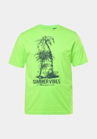 Neonově zelené bavlněné tričko s krátkým rukávem, s černými grafikami palem a textem "SUMMER VIBES Miami" v tučném písmu.
