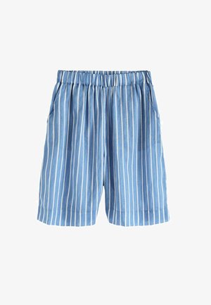 Niebieskie spodenki w paski wykonane z lekkiego materiału, z elastycznym pasem, bocznymi kieszeniami oraz pionowymi białymi paskami jako detal wzoru.