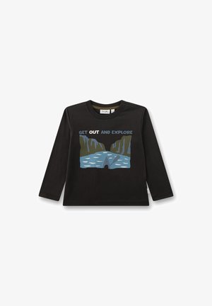 Black long-sleeve shirt with graphic of kayak on river between cliffs and text "Get out and explore" on front.