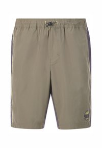 Khakifarbene Badeshorts mit elastischem Bund, Kordelzug, seitlichen Taschen und navyblauen Seitenpaneelen. Logo auf dem unteren vorderen Oberschenkel aufgedruckt.