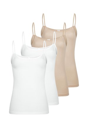 Deux camisoles spaghetti pour femmes, deux blanches et deux beiges, disposées en couleurs alternées sur un fond blanc.