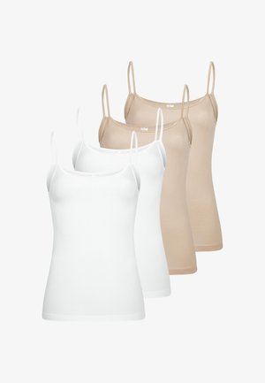 Deux camisoles spaghetti pour femmes, deux blanches et deux beiges, disposées en couleurs alternées sur un fond blanc.