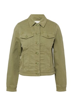 Olivgrüne Jeansjacke mit vorderer Knopfleiste, zwei aufgesetzten Brusttaschen, langen Ärmeln und klassischem Kragen.