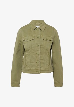 Olivgrüne Jeansjacke mit vorderer Knopfleiste, zwei aufgesetzten Brusttaschen, langen Ärmeln und klassischem Kragen.