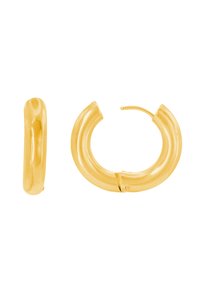 Boucles d'oreilles en or en forme d'anneau lisse et arrondi avec une fermeture à charnière. La surface a une finition brillante avec un design minimaliste.