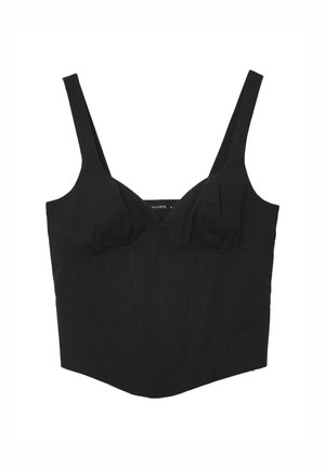 Schwarzes Korsett-Top mit verstellbaren Trägern, strukturierten Cups und vertikalen Nahtdetails zur Formgebung. Glatte, matte Textur.