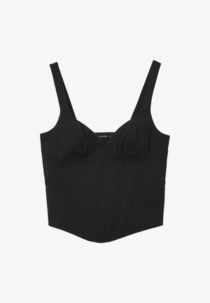 Haut corset noir avec bretelles réglables, bonnets structurés et détails de coutures verticales pour un effet sculptant. Texture lisse et mate.