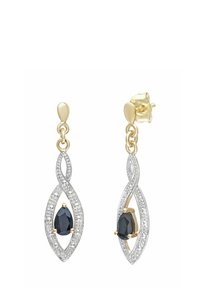 Naušnice u zlatnoj i srebrnoj boji s marquise rezanom crnom kamenom, smještene unutar uvijenog okvira ukrašenog malim prozirnim draguljima.