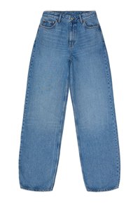 Light blue wide-leg jeans made from denim with a high waist, five pockets, and contrast stitching. Features a zip fly and button closure.