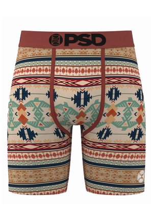 Boxer da uomo con base beige e motivo geometrico colorato in turchese, rosso, blu navy e arancione. Vita elasticizzata con dettaglio logo.