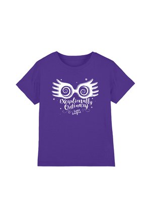 Purple short-sleeve t-shirt with white graphic of whimsical glasses and text "Exceptionally Ordinary Luna Lovegood" on the front.