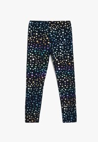 Leggings hechos de una tela suave, con un fondo negro y patrones de estrellas multicolores por todo el diseño. Corte ajustado, cinturilla elástica.