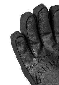 Schwarze Lederhandschuhe mit strukturierter Oberfläche, ausgeprägten Fingerabschnitten und gepolsterten Stoffakzenten entlang des Handgelenks und der Nähte.