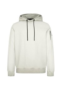 White fleece hoodie with a drawstring hood, ribbed cuffs, and side pocket. Features a grey inner lining and minimalistic design.