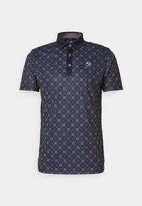 Marinblå polo t-shirt i bomull, med ett geometriskt mönster i ljusblått, treknapps stängning och en liten logotyp på bröstet.